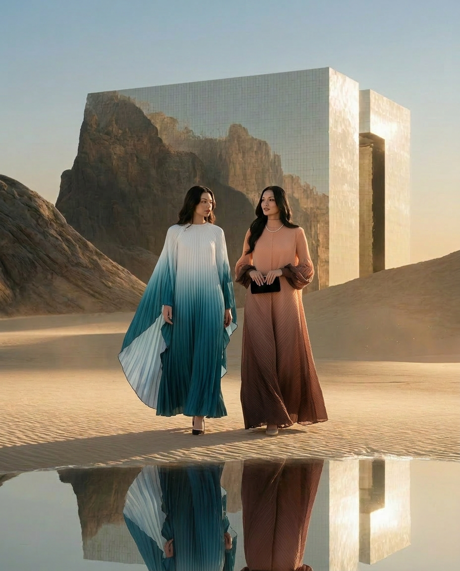 Ombre Pleated Dress Champagne