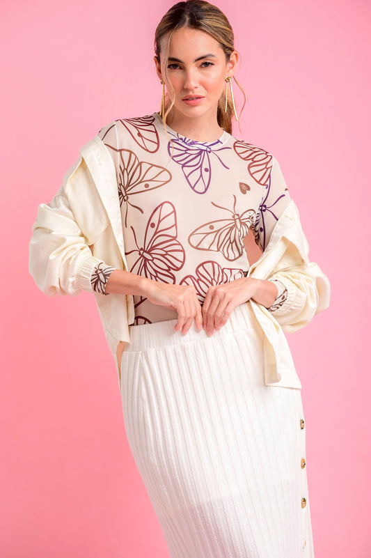 LONG-SLEEVED ROUND-NECK BUTTERFLY T-SHIRT