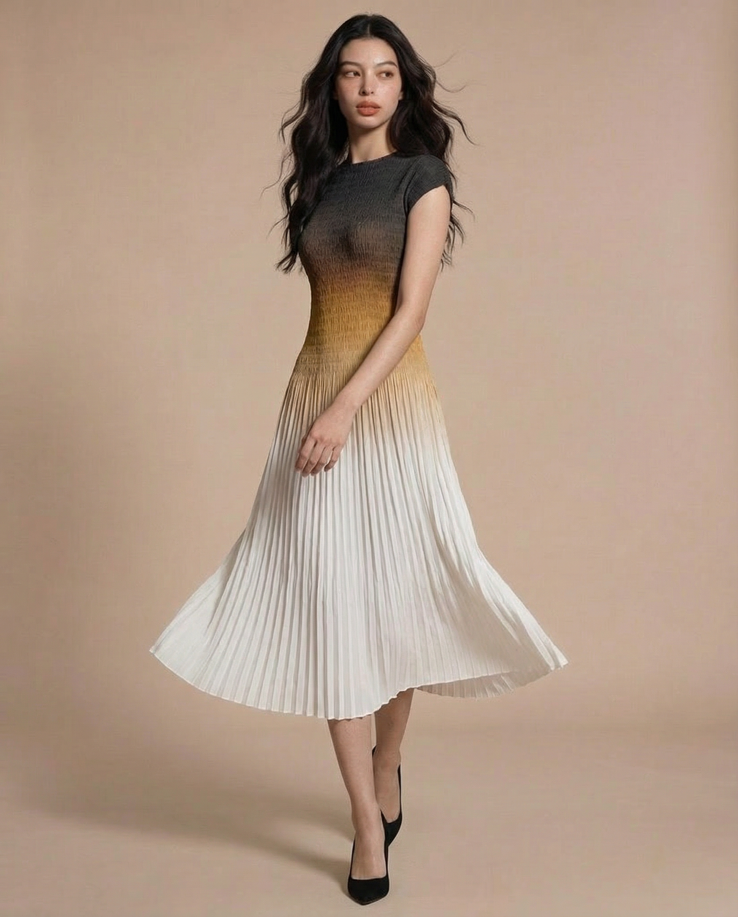 Ombre Midi Pleat Dress Orange