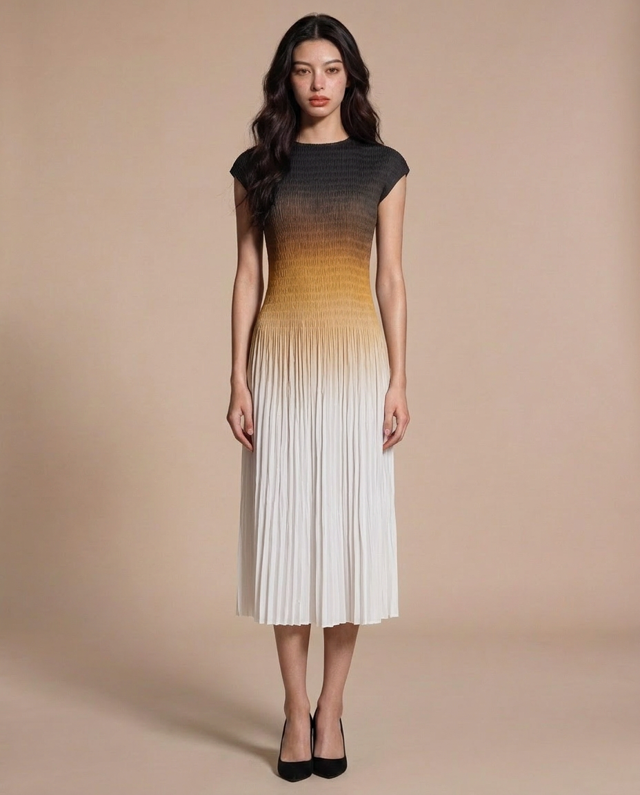 Ombre Midi Pleat Dress Orange