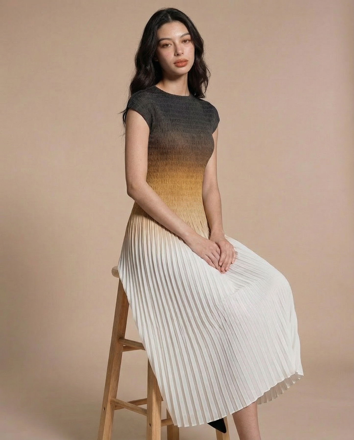 Ombre Midi Pleat Dress Orange