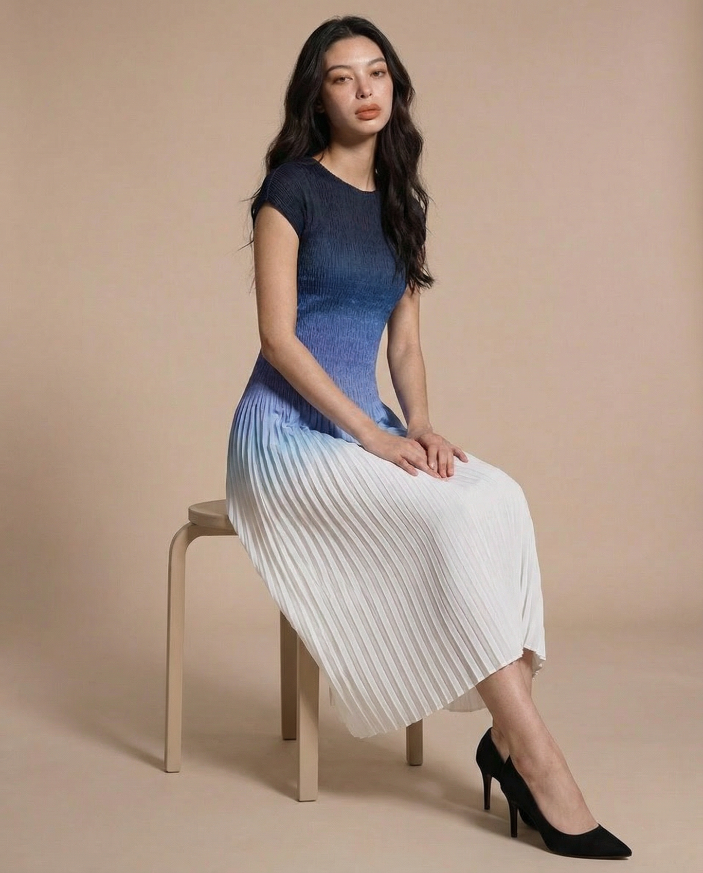 Ombre Midi Pleat Dress Blue