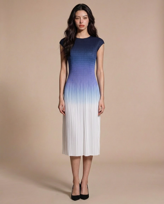 Ombre Midi Pleat Dress Blue