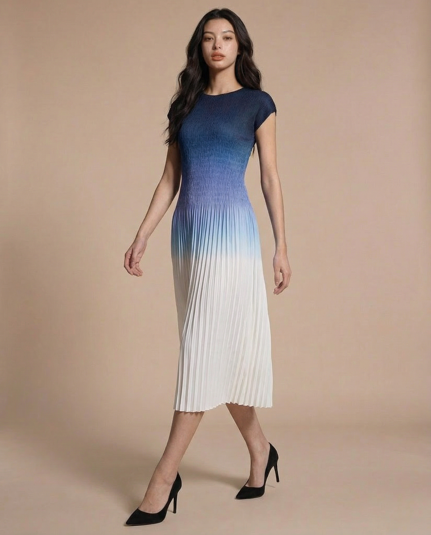 Ombre Midi Pleat Dress Blue