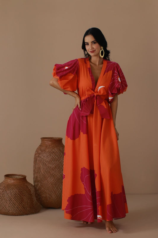 Dress Flor Naranja Fucsia