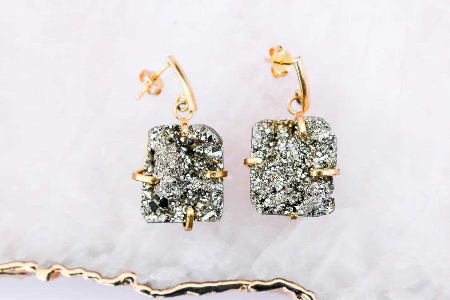 Pyrite Heart Dangle Gold Earrings