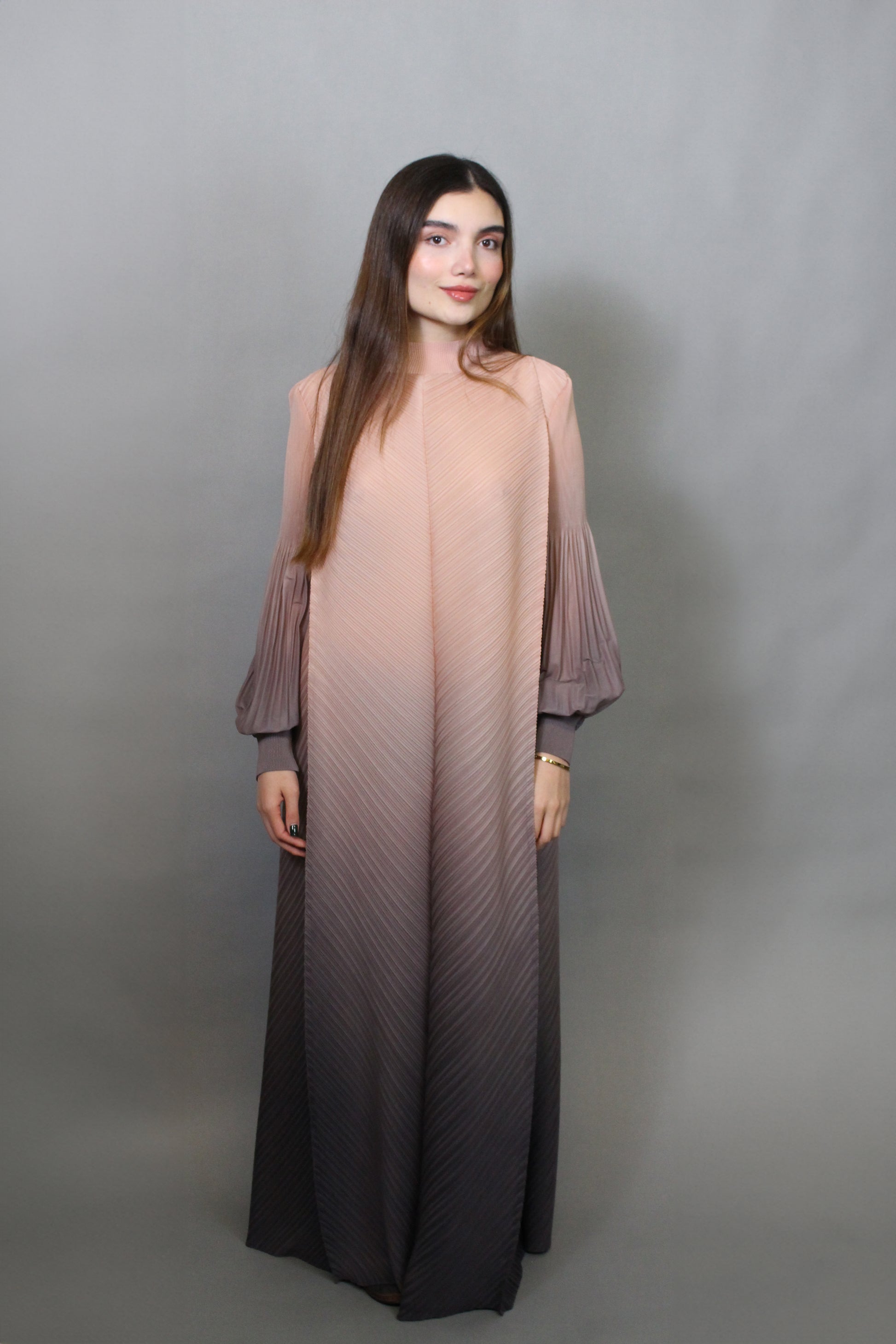 pleated dress ombre Ombre Long Pleated Dress With Black Belt