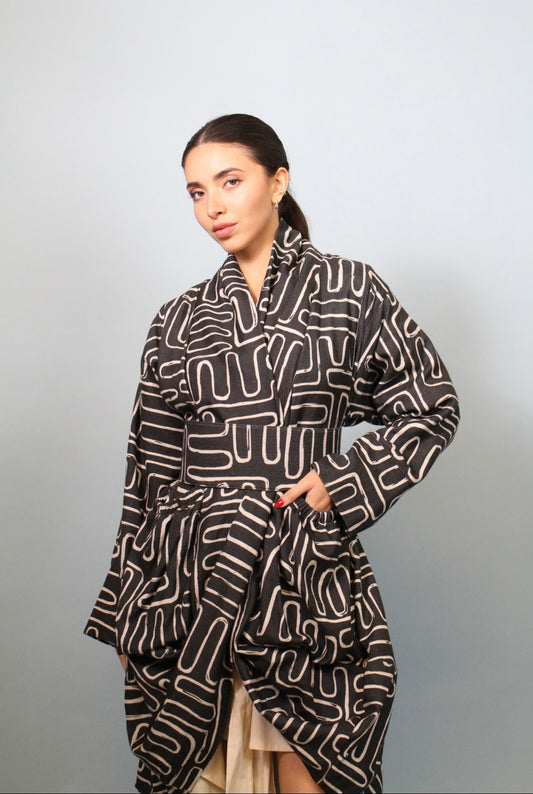 BULY Black/Beige Printed Coat with Belt – One Size